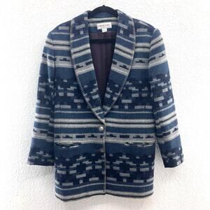 Vintage 90s Casual Corner Blue Gray Southwestern Wool Blend Lined Blazer Coat